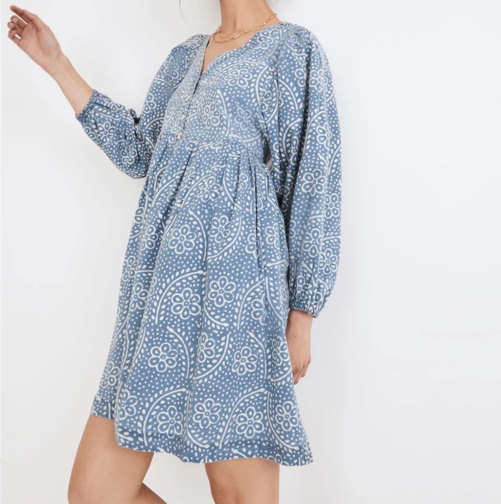 Madewell Indigo Paisley Balloon Sleeve Button Up Midi Dress